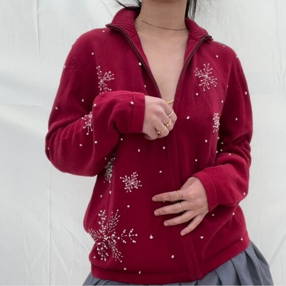 Norm Thompson Beaded Snowflake Zip Front Cotton Cardigan Sweater Red Size L - Picture 13 of 13